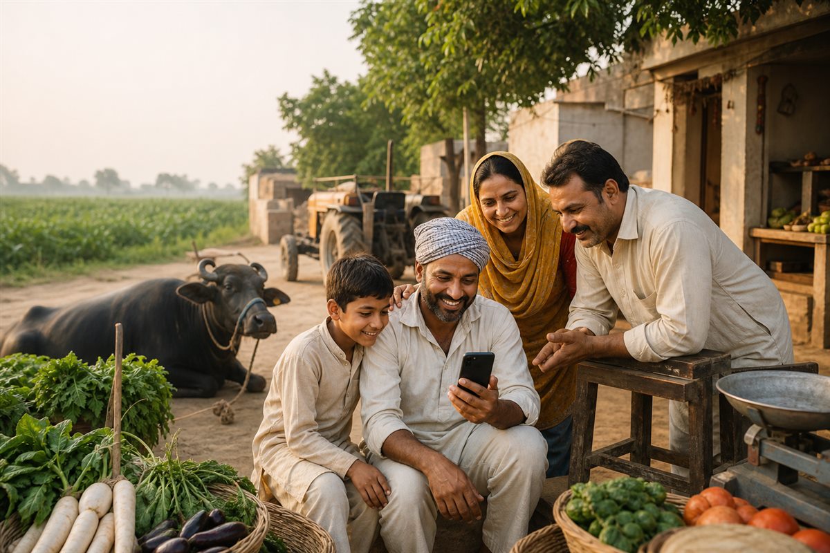 Village family using Sasta Sauda on a phone