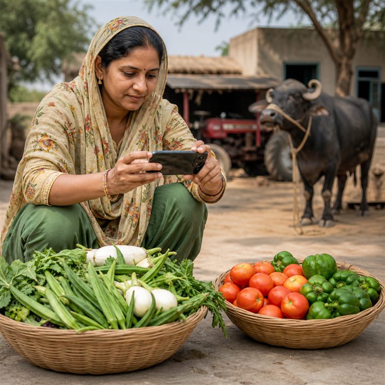 Village seller photographing fresh vegetables